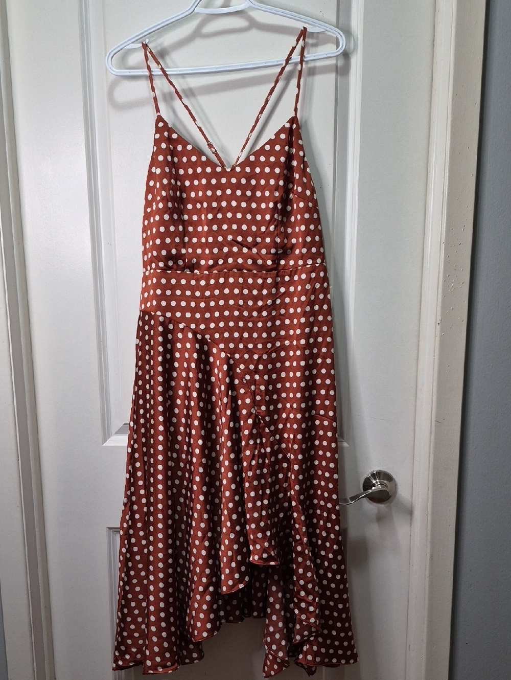 Lulu's Rust Brown and White Polka Dot Asymmetrical Midi Dress